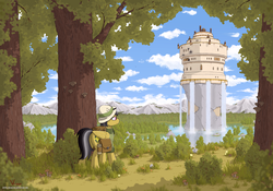 Size: 3000x2100 | Tagged: safe, artist:eriada, daring do, pegasus, pony, comic:daring do and the secrets of solar temple, g4, bag, castle, clothes, female, folded wings, forest, hat, high res, lake, looking at something, looking away, mare, mountain, mountain range, mushroom, outdoors, pith helmet, ruins, saddle bag, scenery, shelf mushroom, shirt, solo, standing, temple, tree, water, waterfall, wings
