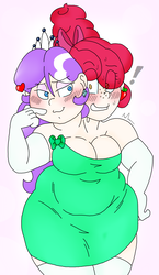 Size: 1301x2249 | Tagged: safe, artist:blackbewhite2k7, apple bloom, diamond tiara, human, g4, beehive hairdo, blushing, chubby, clothes, commission, conjoined, dress, ear piercing, earring, exclamation point, fat, female, fusion, hair over eyes, heart, hilarious in hindsight, humanized, jewelry, lesbian, multiple heads, obese, overweight, piercing, ship:diamondbloom, shipping, two heads