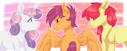 Size: 1920x768 | Tagged: safe, artist:shininglovelystar, apple bloom, scootaloo, sweetie belle, earth pony, pegasus, pony, unicorn, g4, cutie mark crusaders, female, filly, group, trio