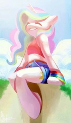 Size: 590x1024 | Tagged: dead source, safe, artist:鸡三岁, princess celestia, alicorn, anthro, semi-anthro, unguligrade anthro, g4, anatomically incorrect, arm hooves, bracelet, cheerful, clothes, cloud, cloudy, cute, cutelestia, cutie mark, daisy dukes, day, eyelashes, eyes closed, female, grass, grin, incorrect leg anatomy, jewelry, mare, multicolored mane, praise the sun, shorts, sky, smiling, solo, tank top, wingless, wingless anthro