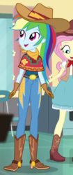 Size: 265x630 | Tagged: safe, screencap, fluttershy, rainbow dash, equestria girls, equestria girls specials, g4, my little pony equestria girls: dance magic, belt, belt buckle, blouse, boots, clothes, cowboy boots, cowboy hat, cowgirl, cowgirl outfit, cropped, cute, dashabetes, female, gloves, hat, imagine spot, jeans, open mouth, pants, shoes, shyabetes, skirt, stetson, tomboy, vest