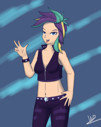 Size: 2610x3278 | Tagged: safe, artist:wolfy-pony, rarity, human, g4, it isn't the mane thing about you, alternate hairstyle, belly button, clothes, female, high res, humanized, midriff, open mouth, pants, punk, raripunk, signature, tongue out
