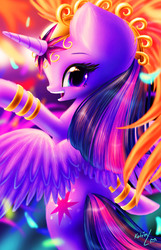 Size: 2000x3108 | Tagged: safe, artist:katputze, twilight sparkle, alicorn, pony, g4, big ears, bipedal, dancing, female, headdress, high res, jewelry, looking at you, looking back, looking back at you, rear view, rio carnival, signature, smiling, solo, twilight sparkle (alicorn)