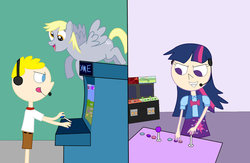 Size: 1024x669 | Tagged: safe, artist:04startycornonline88, derpy hooves, twilight sparkle, human, pegasus, pony, g4, arcade, clothes, crossover, equestria girls outfit, game, headphones, humanized, spongebob squarepants