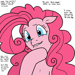 Size: 1800x1800 | Tagged: safe, artist:pony quarantine, pinkie pie, earth pony, pony, g4, it isn't the mane thing about you, beautiful, big hair, female, implied rarity, laughing, mare, poofy pie, pun, simple background, stifling laughter, teary eyes, teasing, white background, you know you love them