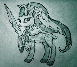Size: 503x439 | Tagged: artist needed, source needed, safe, deer, deer pony, original species, pony, flower, flower in hair, heroes of the storm, horns, jewelry, lunara (warcraft), necklace, photo, ponified, solo, spear, traditional art, weapon