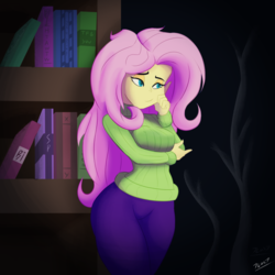 Size: 2000x2000 | Tagged: safe, artist:7los7, fluttershy, equestria girls, g4, book, breasts, busty fluttershy, clothes, female, high res, pants, shelf, signature, smiling, solo, sweater, sweatershy