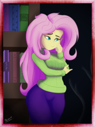 Size: 1500x2000 | Tagged: safe, artist:7los7, fluttershy, equestria girls, g4, book, breasts, bust, busty fluttershy, clothes, female, pants, portrait, shelf, signature, solo, sweater, sweatershy