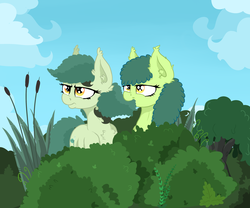 Size: 2606x2172 | Tagged: safe, artist:paskanaakka, derpibooru exclusive, oc, oc only, oc:bittergreen, oc:thistle sprig, earth pony, pony, biting, bush, chest fluff, cloud, duo, ear fluff, female, grumpy, hair bite, high res, mare, plant, sisters, smiling, tree