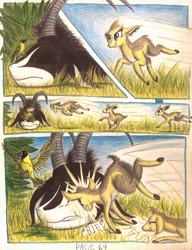 Size: 1056x1372 | Tagged: safe, artist:thefriendlyelephant, oc, oc only, oc:kekere, oc:sabe, antelope, avian, bird, dik dik, giant sable antelope, comic:sable story, africa, animal in mlp form, bush, cloven hooves, comic, flop, grass, hair, horns, speed lines, traditional art, unconscious, wings, yellow weaver bird