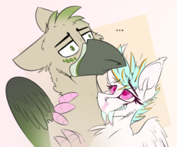 Size: 2545x2108 | Tagged: safe, artist:ralek, oc, oc only, oc:passel, oc:ralek, griffon, hippogriff, original species, ..., abstract background, fangs, high res, size difference, talons
