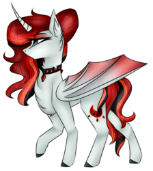 Size: 799x892 | Tagged: safe, artist:apocalypticaether, oc, oc only, oc:scarred moon, alicorn, pony, bat wings, curved horn, female, horn, mare, raised hoof, simple background, solo, transparent background