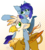Size: 1406x1575 | Tagged: safe, artist:ralek, oc, oc only, oc:blue bat, oc:ember burd, bat pony, griffon, abstract background, bat wings, colored wings, cute, eared griffon, eyeroll, fangs, gradient wings, pointing, ponies riding griffons, riding, size difference