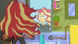 Size: 480x270 | Tagged: safe, screencap, sunset shimmer, equestria girls, g4, monday blues, my little pony equestria girls: summertime shorts, animated, bathroom, female, finger gun, finger guns, gif, mane 'n tail, solo, sunset's apartment
