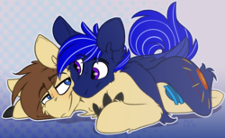 Size: 1912x1167 | Tagged: safe, artist:ralek, oc, oc only, oc:fleet wing, oc:neutrino burst, earth pony, hippogriff, pony, abstract background, cuddling, cute, eye contact, gay, looking at each other, lying down, male, oc x oc, shipping, stallion