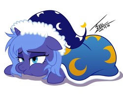 Size: 740x592 | Tagged: safe, artist:bluse, princess luna, alicorn, pony, g4, blanket, cute, female, filly, filly luna, floppy ears, hat, lunabetes, mare, morning ponies, nightcap, s1 luna, signature, simple background, solo, tired, white background, woona, younger