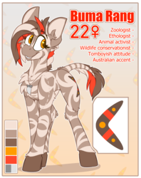 Size: 2233x2822 | Tagged: safe, artist:ralek, oc, oc only, oc:buma rang, zebra, australian, boomerang, cutie mark, high res, reference sheet, scar, shark tooth, solo, tooth gap, zebra oc