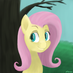 Size: 1250x1250 | Tagged: dead source, safe, artist:afterman, fluttershy, pony, g4, bust, eyebrows, female, looking away, outdoors, portrait, smiling, solo, tree, under the tree