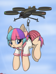 Size: 1757x2316 | Tagged: safe, artist:orang111, oc, oc only, oc:sugar muffin, earth pony, pony, carrying, clothes, drone, hanging, panties, school uniform, shirt, skirt, skirt lift, solo, striped underwear, underwear