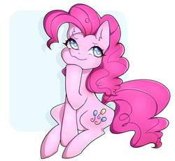Size: 720x665 | Tagged: safe, artist:beeleader, pinkie pie, earth pony, pony, g4, :3, ear fluff, female, hoof on chin, mare, sitting, solo