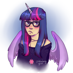 Size: 960x957 | Tagged: safe, artist:blueberry-ghost, twilight sparkle, alicorn, human, g4, blushing, clothes, female, glasses, horn, horned humanization, humanized, looking at you, off shoulder, solo, twilight sparkle (alicorn), winged humanization, wings