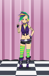 Size: 650x1000 | Tagged: safe, artist:kathara_khan, rarity, human, g4, it isn't the mane thing about you, :3, alternate hairstyle, beauty mark, belly button, belt, boots, breasts, cleavage, clothes, ear piercing, eyebrow piercing, eyeshadow, female, fingerless gloves, gloves, humanized, kisekae, leather vest, makeup, midriff, multicolored hair, piercing, punk, raripunk, shoes, socks, solo, striped socks, studded belt, studded bracelet, vest