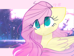 Size: 800x600 | Tagged: safe, artist:kiyashie, fluttershy, pegasus, pony, g4, abstract background, bust, cute, female, floppy ears, folded wings, mare, no pupils, portrait, shyabetes, solo, wings