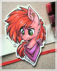 Size: 800x998 | Tagged: safe, artist:tay-niko-yanuciq, oc, oc only, oc:cotton candy, pony, bandana, bust, ear piercing, looking down, male, piercing, red mane, solo, traditional art, trap