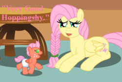 Size: 1588x1066 | Tagged: safe, artist:pandalove93, fluttershy, oc, oc:hoppingshy, pony, g4, alternate hairstyle, baby, baby pony, braid, colt, diaper, male, offspring, open mouth, parent:big macintosh, parent:fluttershy, parents:fluttermac, table