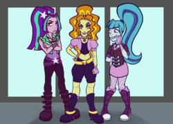 Size: 1508x1080 | Tagged: safe, artist:madness-with-reason, derpibooru exclusive, adagio dazzle, aria blaze, sonata dusk, equestria girls, g4, boots, clothes, female, fishnet stockings, high heel boots, shoes, skirt, the dazzlings, trio