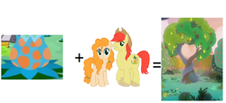 Size: 1149x523 | Tagged: safe, edit, edited screencap, screencap, bright mac, pear butter, earth pony, pony, a health of information, g4, the perfect pear, apple tree, female, implied transformation, insane fan theory, intertwined trees, male, pear tree, ship:brightbutter, shipping, straight, swamp fever plant, tree