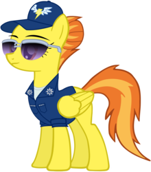 Size: 963x1095 | Tagged: safe, artist:totallynotabronyfim, spitfire, pegasus, pony, g4, alternate hairstyle, clothes, female, hat, mare, military, shirt, show accurate, solo, sunglasses, t-shirt, uniform