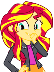 Size: 506x678 | Tagged: safe, artist:fella, edit, edited screencap, screencap, sunset shimmer, human, equestria girls, g4, my little pony equestria girls: rainbow rocks, clothes, cute, eyebrows, female, giggling, grin, hand on hip, hand over mouth, jacket, leather jacket, not a vector, shimmerbetes, simple background, smiling, solo, transparent background