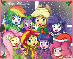 Size: 1259x1007 | Tagged: safe, artist:the-butch-x, applejack, fluttershy, pinkie pie, rainbow dash, rarity, spike, sunset shimmer, twilight sparkle, dog, equestria girls, applejack's hat, blushing, christmas, clothes, cowboy hat, cute, dashabetes, diabetes, diapinkes, eyes closed, female, grin, group photo, hat, holiday, jackabetes, looking at you, male, mane seven, mane six, mittens, open mouth, peace sign, raribetes, santa hat, scarf, shimmerbetes, shyabetes, smiling, snow, snowfall, spikabetes, spike the dog, sweater, sweatershy, twiabetes, twilight sparkle (alicorn), window