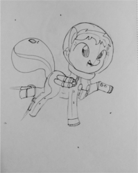 Size: 715x897 | Tagged: safe, artist:tjpones, oc, oc only, earth pony, pony, astronaut, grayscale, lineart, monochrome, solo, space, spacesuit, stars, traditional art