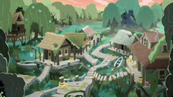 Size: 1920x1080 | Tagged: safe, screencap, a health of information, g4, hayseed swamp, hut, meadowbrook's home, no pony, scenery, swamp, swamp fever plant, village