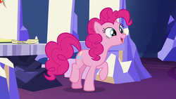 Size: 1280x720 | Tagged: safe, screencap, pinkie pie, earth pony, pony, not asking for trouble, cute, diapinkes, female, happy, mare, open mouth, raised hoof, raised leg, smiling, solo, twilight's castle