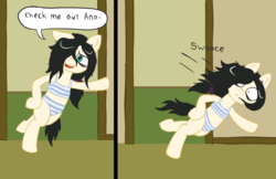 Size: 880x570 | Tagged: safe, artist:scraggleman, oc, oc only, oc:floor bored, earth pony, pony, semi-anthro, 2 panel comic, 4chan, :<, bipedal, bra, bra on pony, clothes, comic, crop top bra, falling, female, implied anon, mare, oops, open mouth, panties, ponytail, skooks, smooth, solo, speech bubble, striped underwear, swooce, underwear