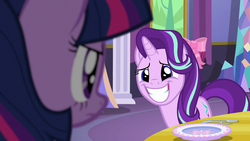 Size: 1280x720 | Tagged: safe, screencap, starlight glimmer, twilight sparkle, alicorn, pony, unicorn, g4, no second prances, cute, duo, duo female, female, glimmerbetes, grin, looking at each other, mare, smiling, twilight sparkle (alicorn)