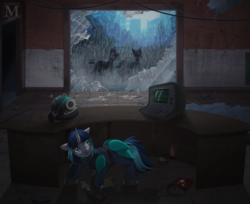Size: 1350x1100 | Tagged: safe, artist:margony, oc, oc only, oc:cherry pin, oc:dragonfire, pony, unicorn, fallout equestria, fallout equestria: child of the stars, clothes, dark, fallout, female, helmet, hiding, mare, rain, scenery, shelter, terminal