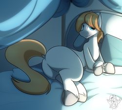 Size: 2750x2500 | Tagged: safe, alternate version, artist:biepbot, oc, oc only, oc:lance, earth pony, pony, bed, bedroom, butt, curtains, high res, male, pillow, plot, solo, stallion