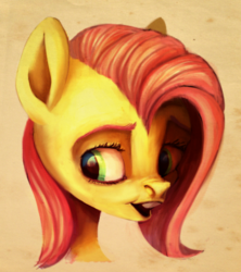 Size: 1467x1652 | Tagged: safe, artist:wreckham, fluttershy, pony, g4, bust, female, looking away, looking sideways, mare, open mouth, portrait, solo, three quarter view