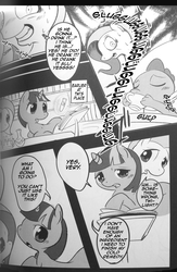 Size: 1200x1844 | Tagged: safe, artist:kmart0614, fluttershy, spike, twilight sparkle, dragon, comic:dragonshy, g4, aphrodisiac, black and white, comic, dialogue, grayscale, ichiba, monochrome, nervous