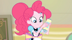 Size: 1024x576 | Tagged: safe, screencap, pinkie pie, coinky-dink world, equestria girls, g4, my little pony equestria girls: summertime shorts, cute, diapinkes, female, food, server pinkie pie, smiling, solo, whipped cream