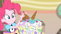 Size: 1024x576 | Tagged: safe, screencap, pinkie pie, coinky-dink world, equestria girls, g4, my little pony equestria girls: summertime shorts, banana, female, food, ice cream, ice cream cone, server pinkie pie, solo, sundae