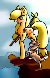 Size: 440x680 | Tagged: safe, artist:the-75th-hunger-game, applejack, winona, dog, earth pony, pony, g4, bindle, blushing, ear fluff, female, flower, freckles, hatless, missing accessory, ocean, poppy, rock, solo, tarot, tarot card, the fool