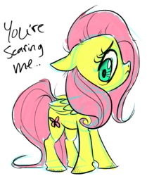 Size: 1984x2368 | Tagged: safe, artist:wreckham, fluttershy, g4, colored sketch, dialogue, female, floppy ears, folded wings, looking away, looking down, profile, simple background, solo, standing, white background, wings