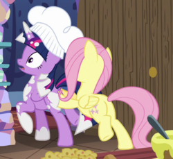 Size: 593x543 | Tagged: safe, screencap, fluttershy, twilight sparkle, alicorn, pony, a health of information, g4, butt, butt touch, chef's hat, cropped, duo, hat, hoof on butt, out of context, plot, pushing, rump push, squishy, twilight sparkle (alicorn)