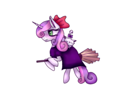 Size: 800x600 | Tagged: safe, opalescence, sweetie belle, cat, pony, unicorn, g4, blushing, bow, broom, clothes, dress, ear fluff, flying, flying broomstick, hair bow, kiki's delivery service, simple background, studio ghibli, transparent background