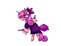 Size: 800x600 | Tagged: safe, alternate version, opalescence, sweetie belle, cat, pony, unicorn, g4, alternate color palette, blushing, bow, broom, clothes, dress, ear fluff, flying, flying broomstick, hair bow, kiki's delivery service, simple background, studio ghibli, transparent background